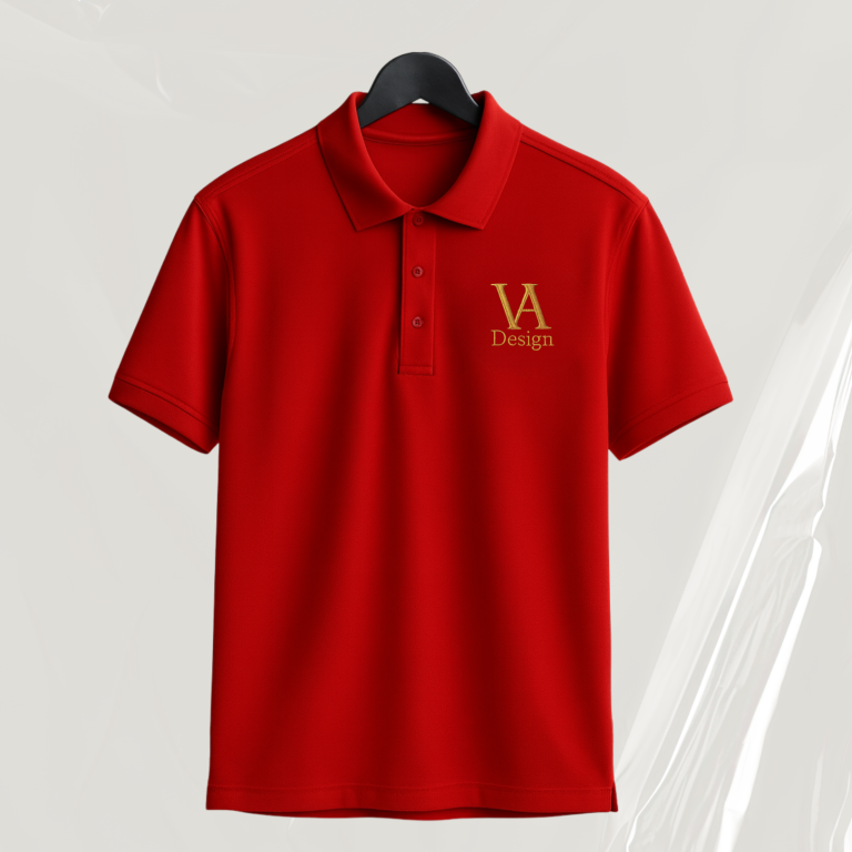 Rotes Poloshirt mit goldenem Logo auf der linken Brustseite.