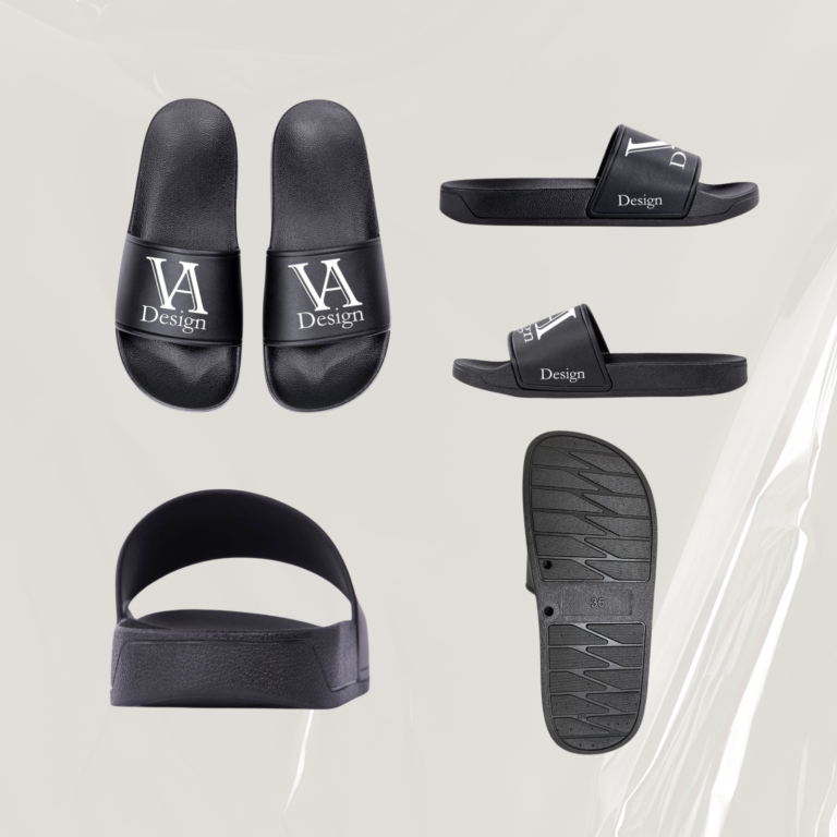 Schwarze Flip-Flops mit Logo auf der Oberseite und strukturiertem Fußbett.