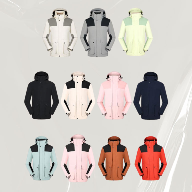 Helle Regenjacken in verschiedenen Farben, angeordnet in drei Reihen.