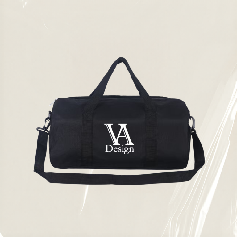 Schwarze Sporttasche mit Tragegriffen und Logo "VA Design".