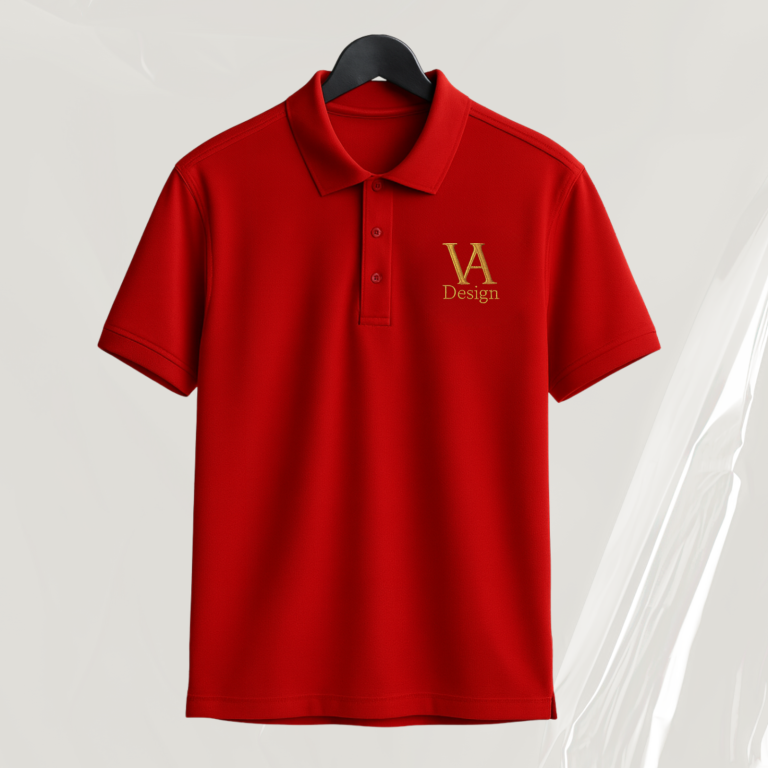 Rotes Polohemd mit goldenem Logo auf der linken Brustseite.