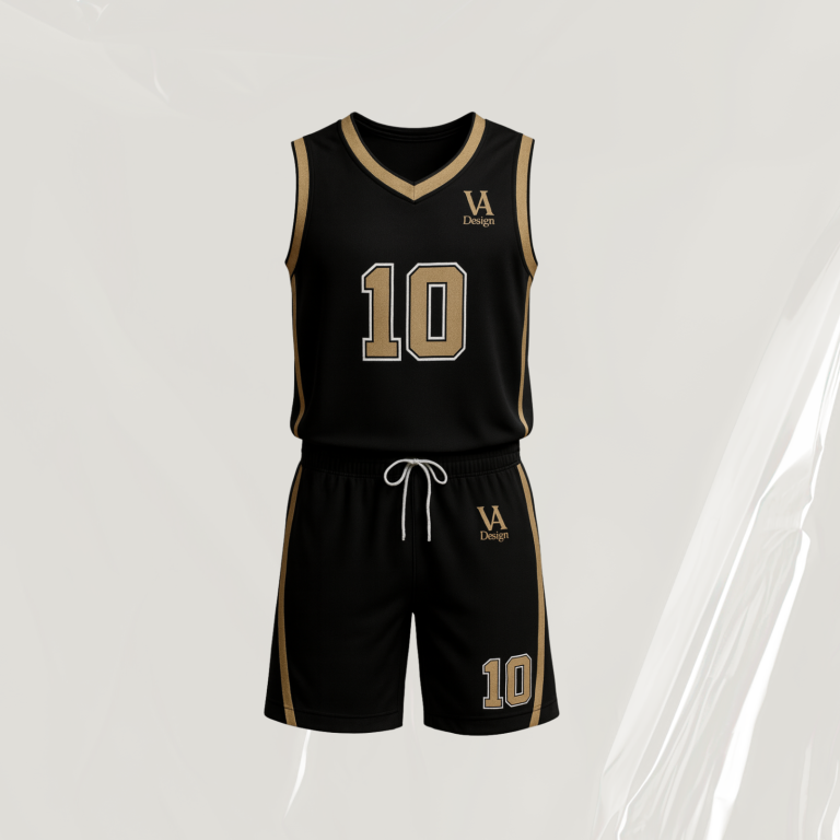 Schwarzes Basketballtrikot mit der Nummer 10 und goldenen Akzenten.
