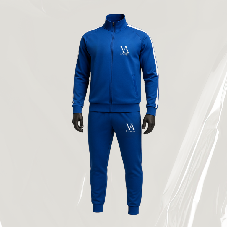 Blauer Trainingsanzug mit Jacke und Hose, schwarze Handschuhe.