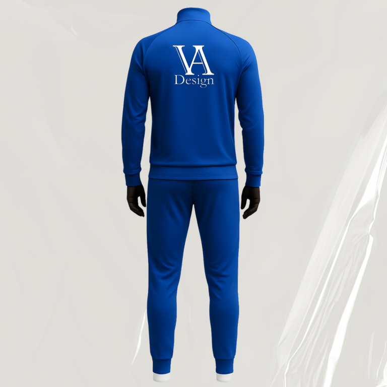 Trainingsanzug hinten Blauer Sportanzug mit Logo auf der Rückseite, bestehend aus Jacke und Hose.