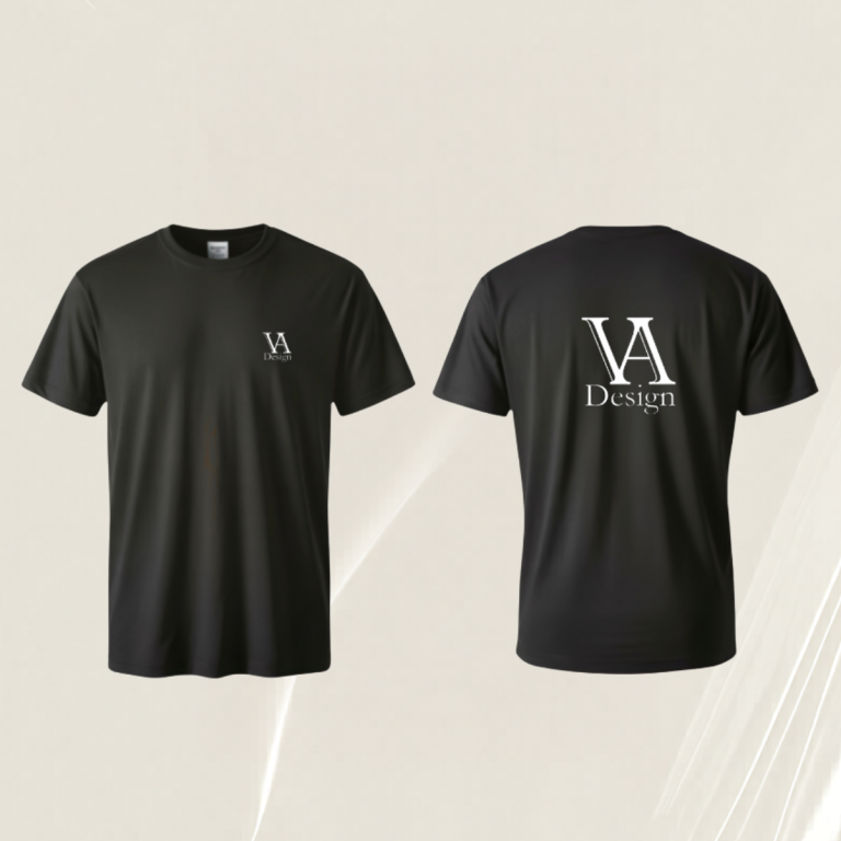 Schwarzes T-Shirt mit dem Aufdruck "VA" und "Design" auf der Rückseite.