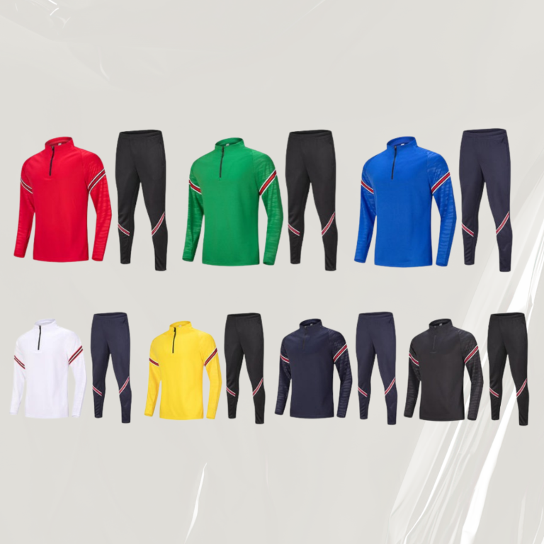 Sportliche Trainingsanzüge in verschiedenen Farben, bestehend aus Oberteilen und Hosen.