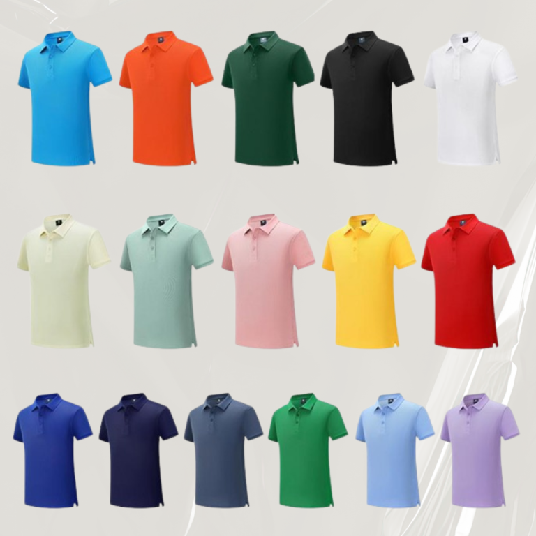 Polo Polyester Bunte Poloshirts in verschiedenen Farben auf einer hellen Oberfläche angeordnet.