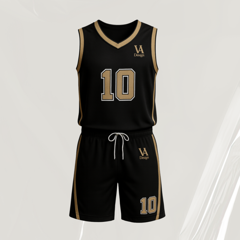 Schwarzes Basketballtrikot mit goldenen Akzenten und der Nummer 10.