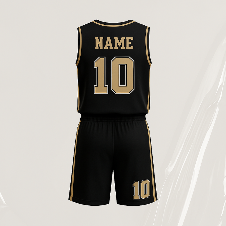 Basketball Set Schwarzes Basketballtrikot mit der Nummer 10 und dem Platzhalter "NAME".