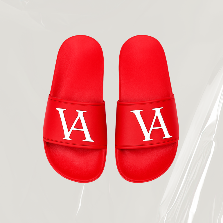 Rote Flip-Flops mit weißem Logo "VA" auf der oberen Seite.