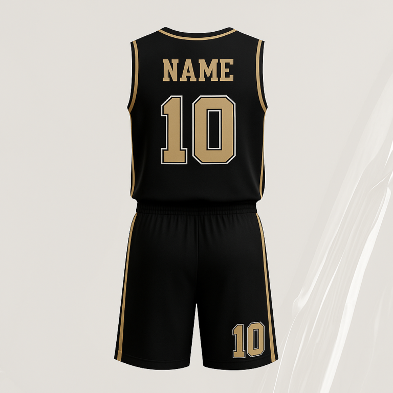 Schwarzes Basketballtrikot mit goldenen Nummern und dem Text "NAME".