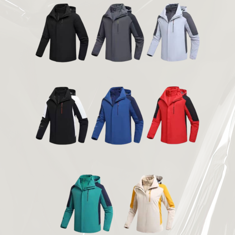 Reihen von verschiedenen Winterjacken in verschiedenen Farben und Stilen.