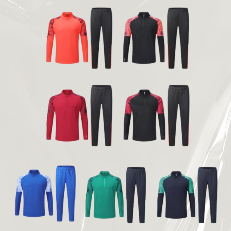 Sportliche Oberteile und Hosen in verschiedenen Farben angeordnet.