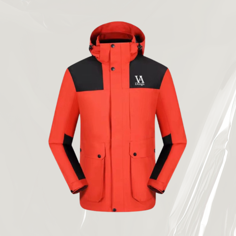 Rote Jacke mit schwarzem Kragen und Taschen, sportlicher Stil.