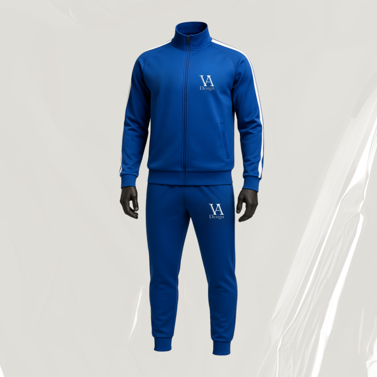 blauer Trainingsanzug Blaues Sportoutfit bestehend aus einem Oberteil und einer Hose mit hellen Akzenten.