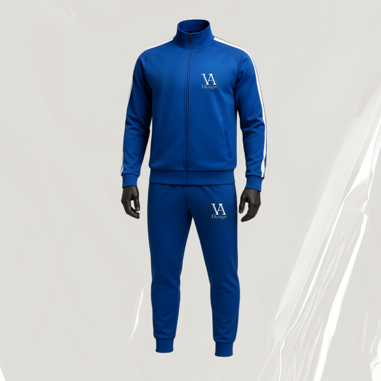 Blaues Sportoutfit bestehend aus Oberteil mit Reißverschluss und langen Hosen.