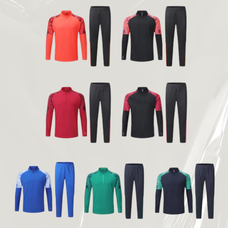 Auswahl Trainingsanzüge Sportbekleidung in verschiedenen Farben und Designs, bestehend aus Oberteilen und Hosen.